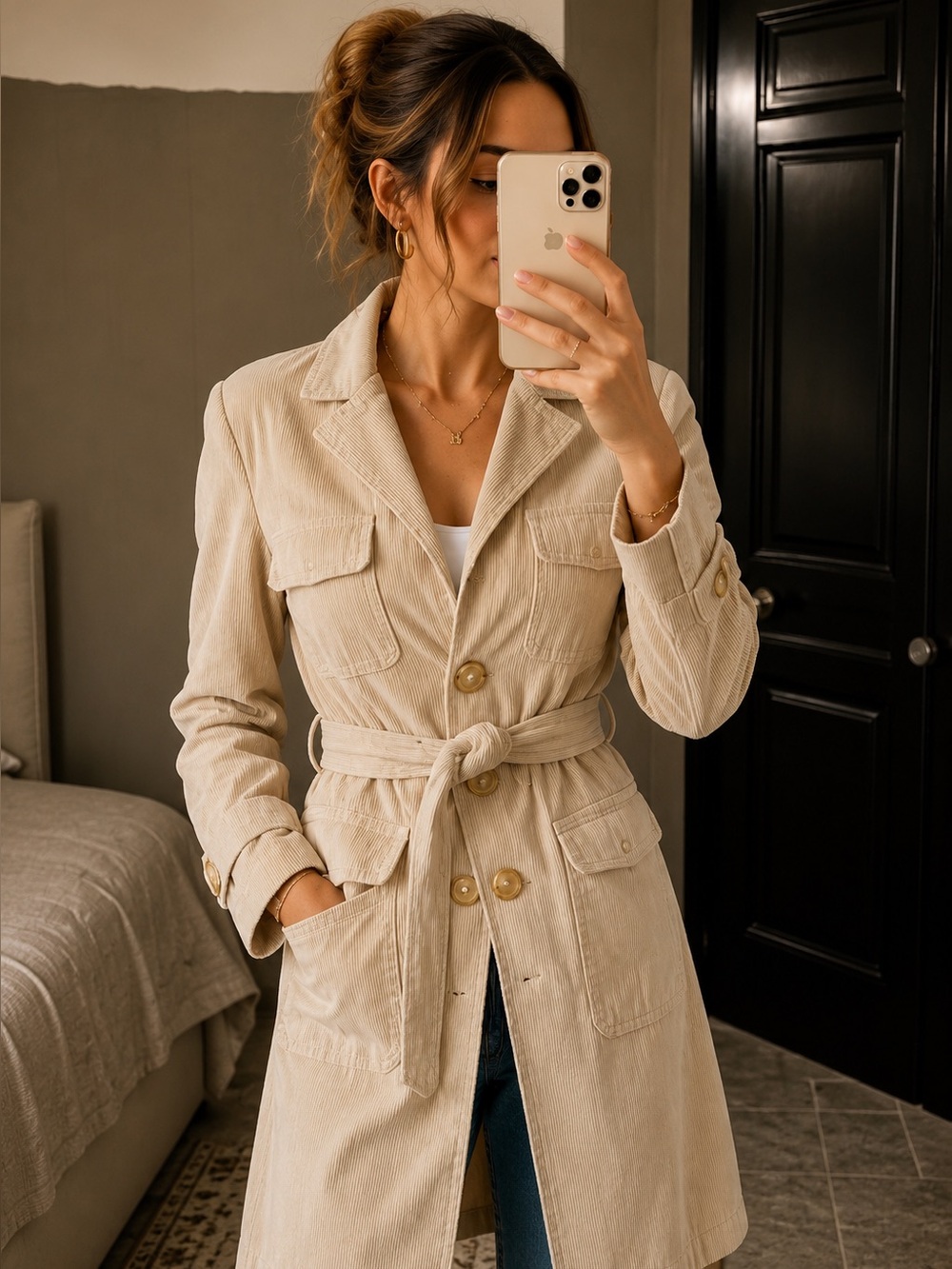 Express Beige Corduroy Belted Trench Jacket